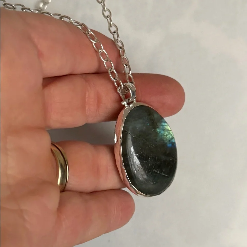 Stella & Dot Silver Sanibel Two Sided Stone Pendant Necklace Green / Labadorite